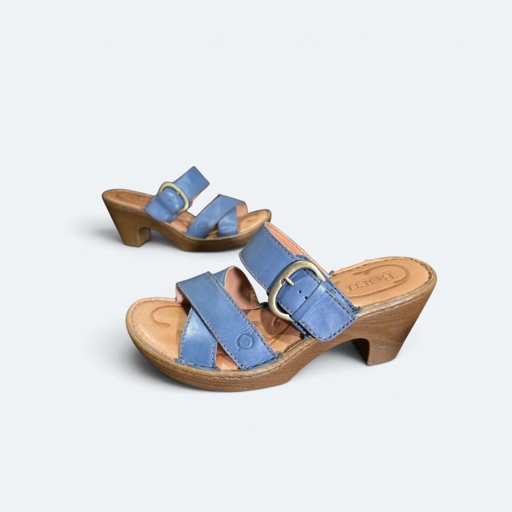 Børn Blue Leather Strappy Buckle Block Heel Women's Sandals US Size 7